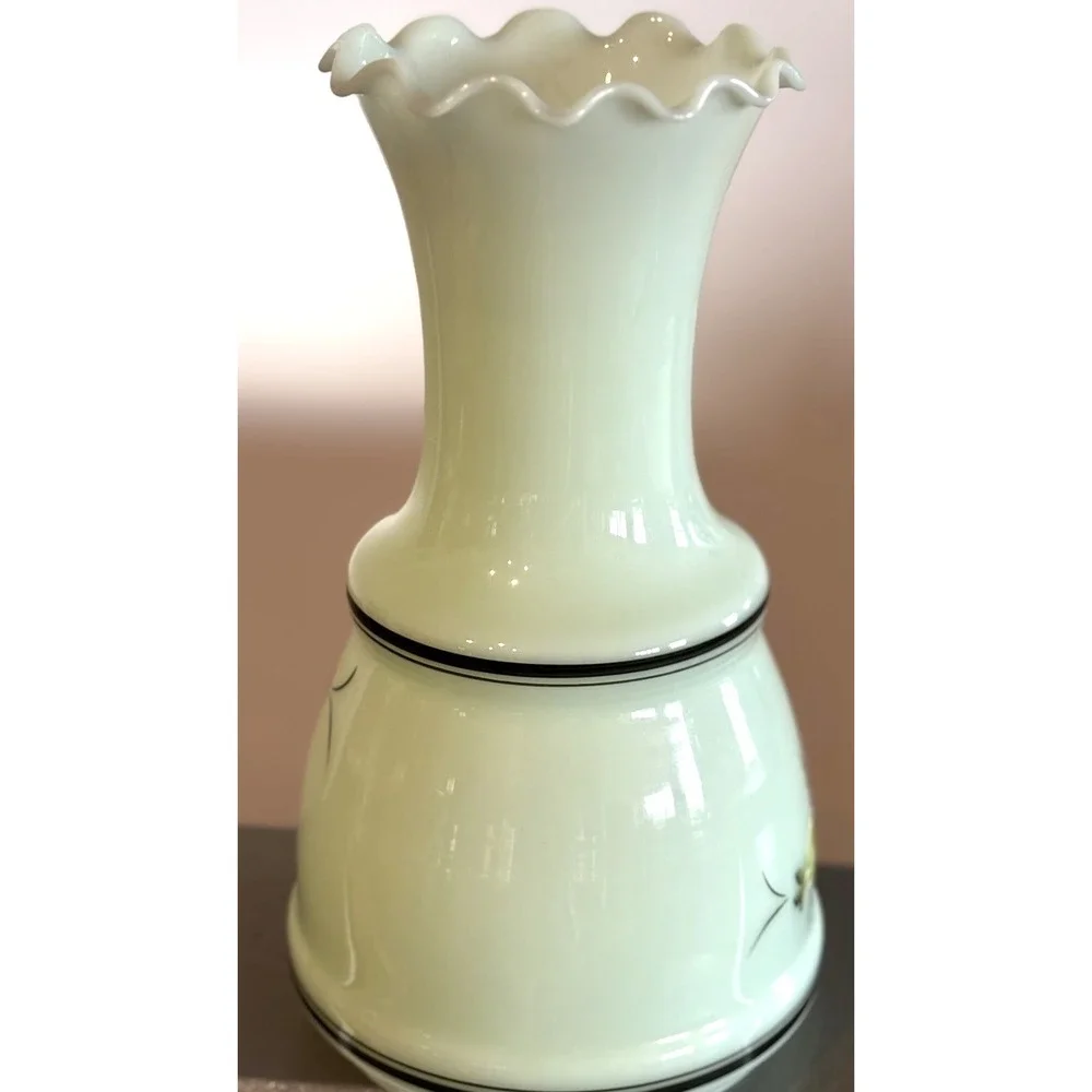 Vintage Mist Green Custard Glass Vase Hand Painted Floral Fenton Ruffle Edge